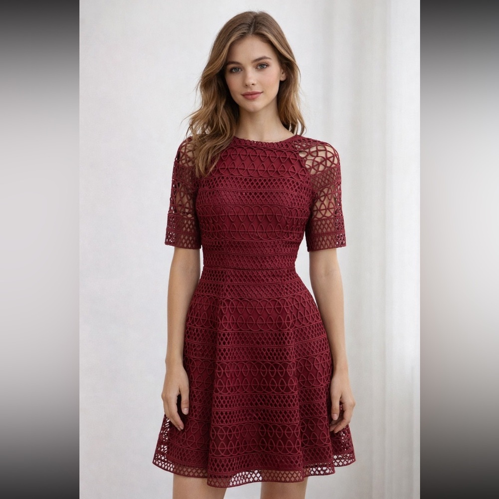 Kay Unger Deep Red Lace elbow sleeves dress